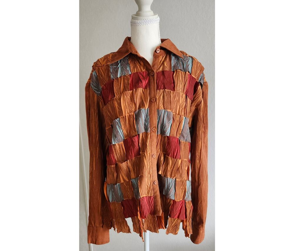 Vintage Fantazia Faux Suede Patchwork Blouse Women's L Fringe Shredded Boho